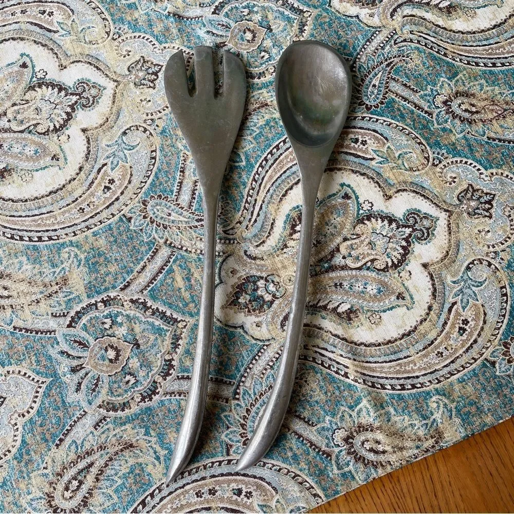 Vintage metal salad serving set, pewter or aluminum mid century